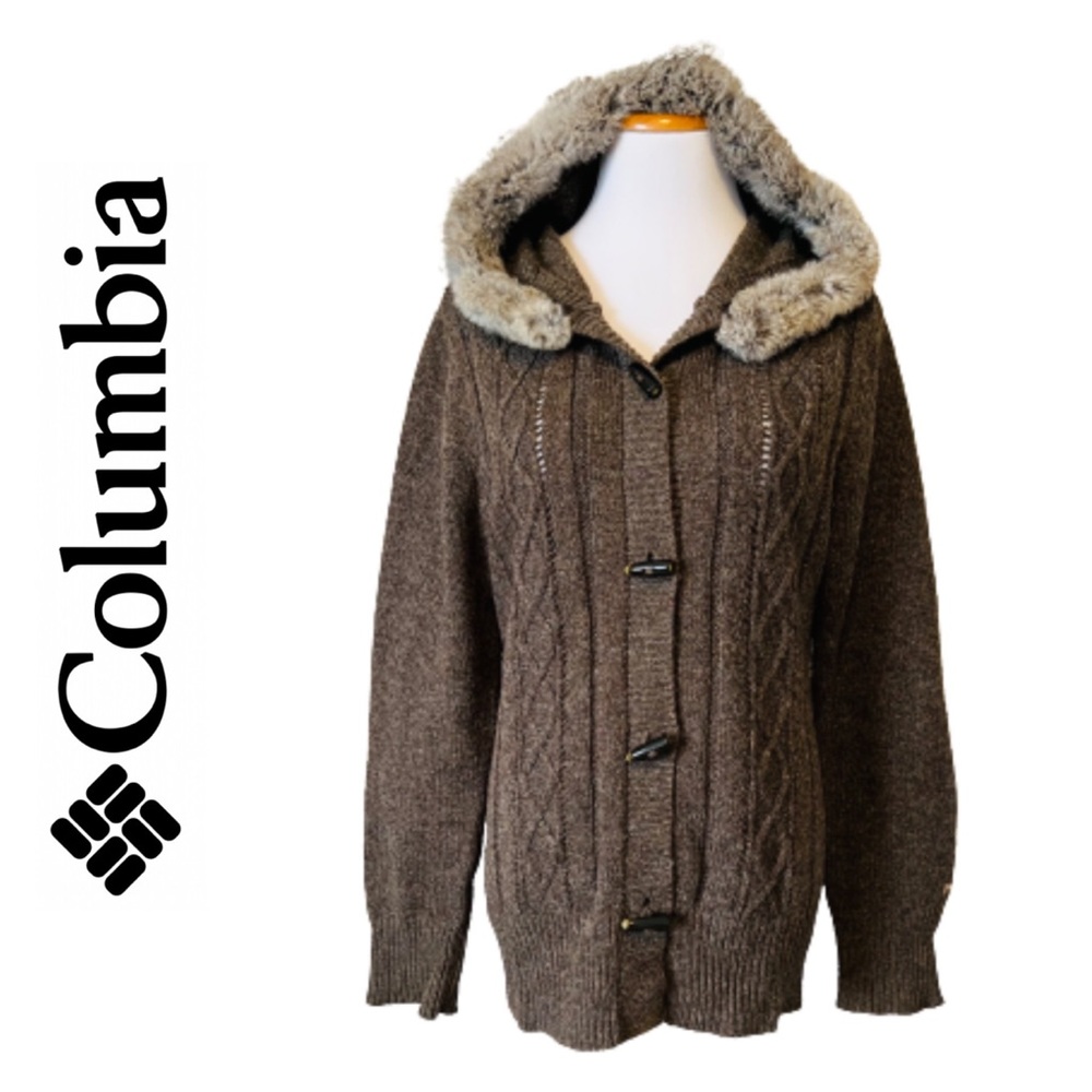 Columbia Brown Hooded Cable-Knit Sweater with Faux Fur Trim